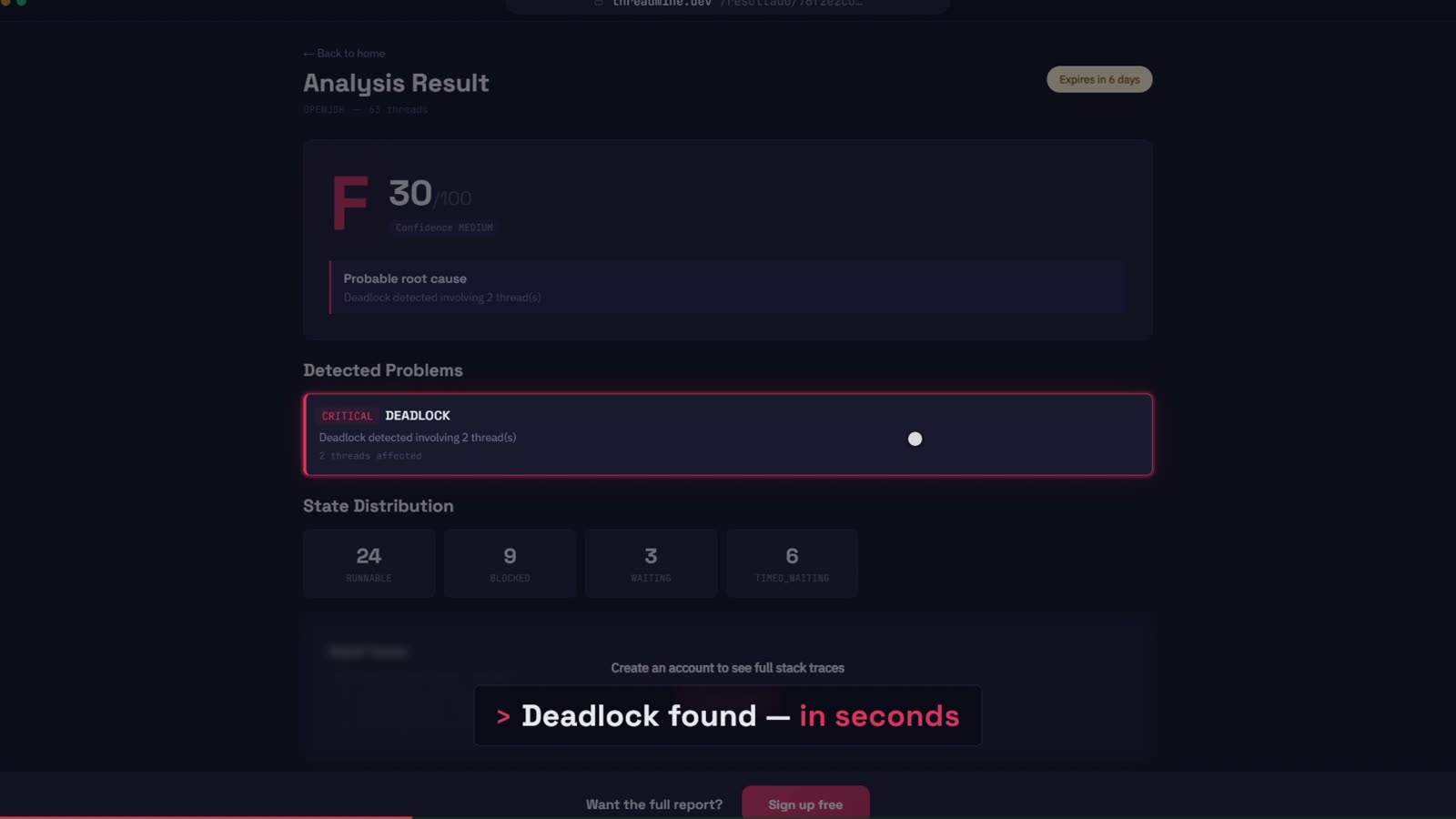 ThreadMine report showing grade F (30/100) and a critical deadlock detected